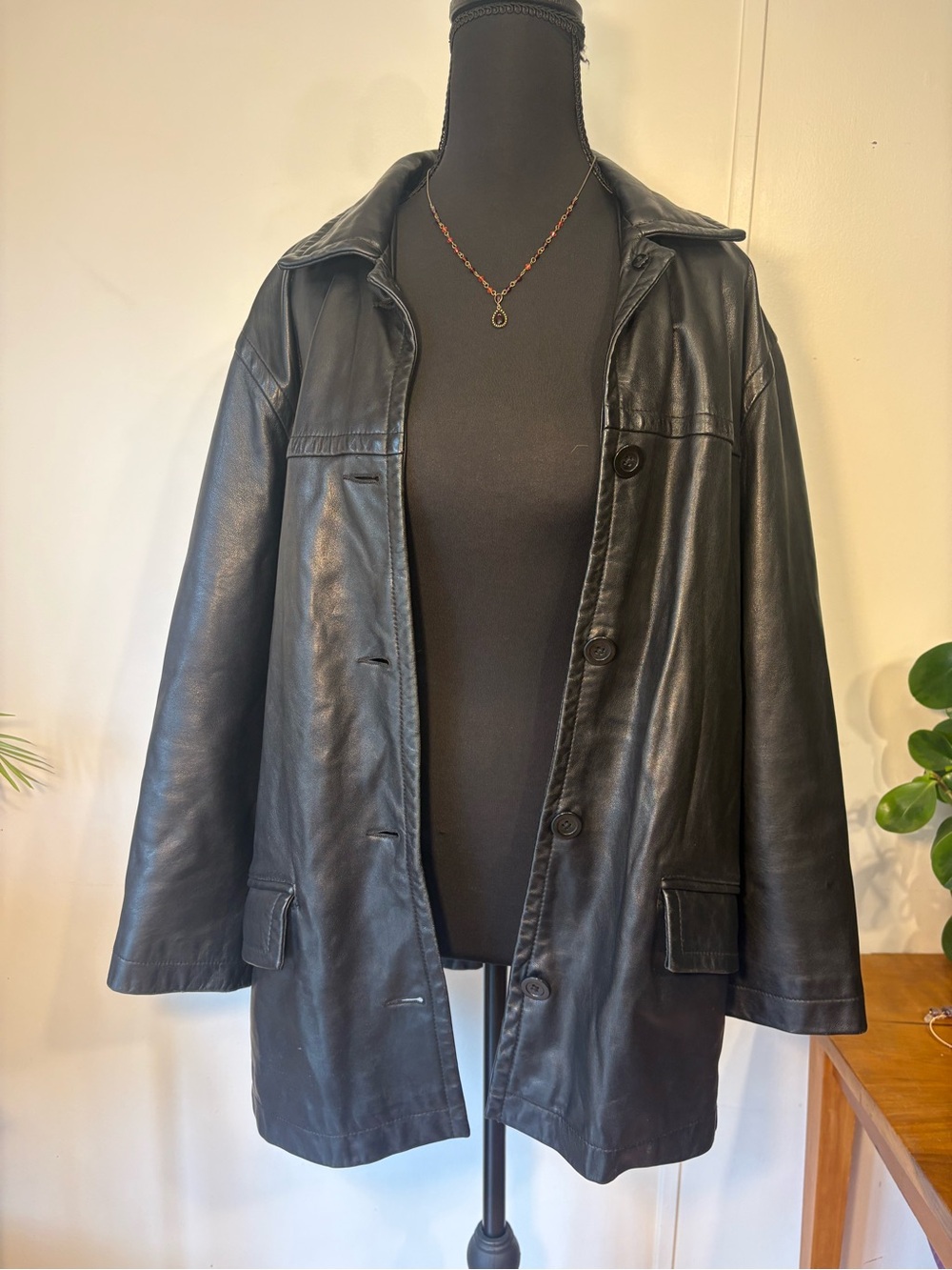 Women’s Black Leather Coat - Classic Button-Front Jacket